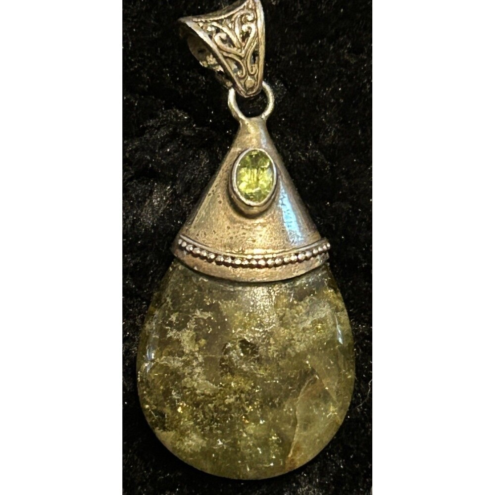 Natural Moss Agate With Peridot Stone 925 Sterling Silver Pendant Vintage.